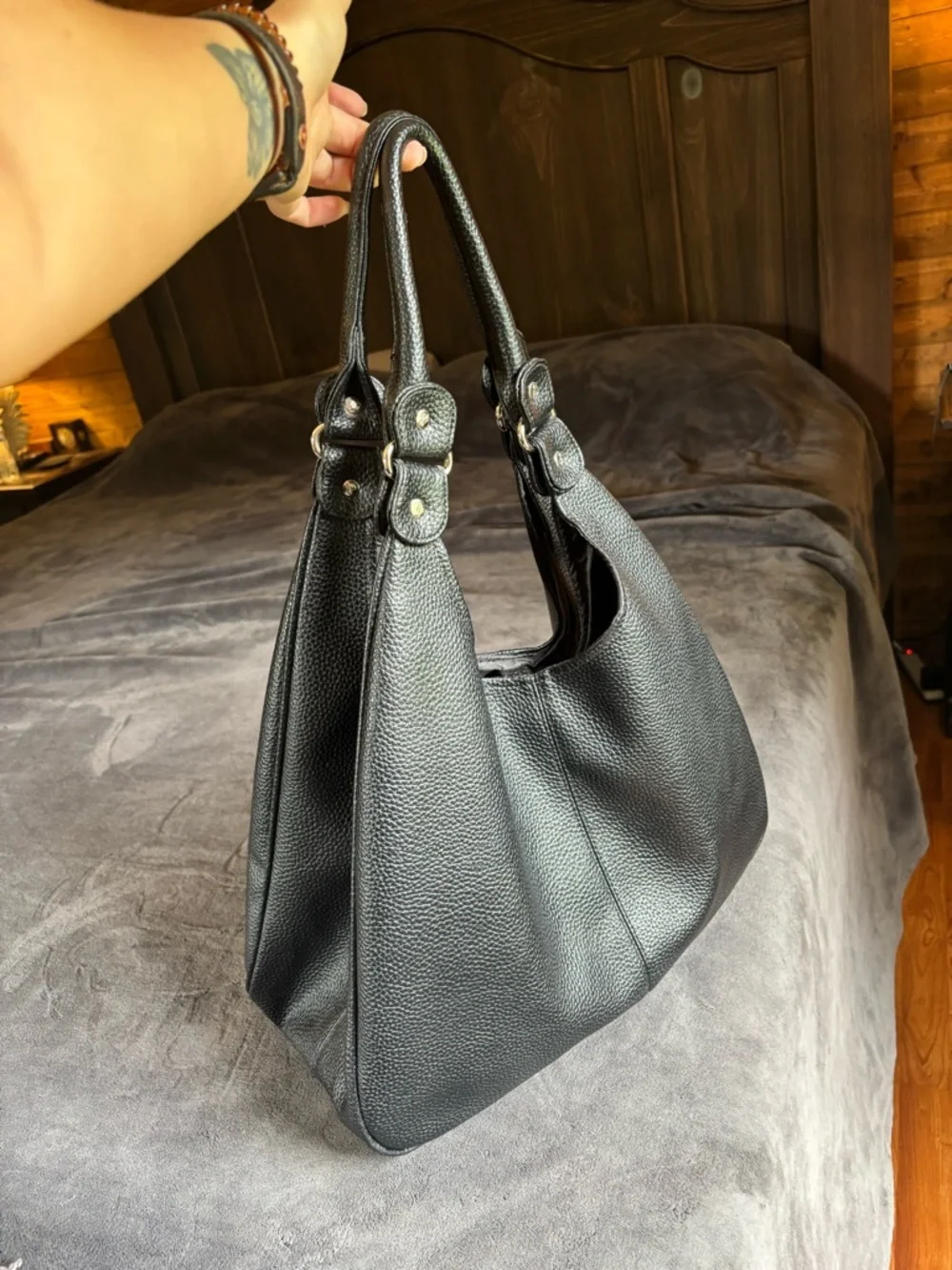 Lancôme Black Hobo Shoulder Bag Purse, Pebbled Leather, Silver Hardware